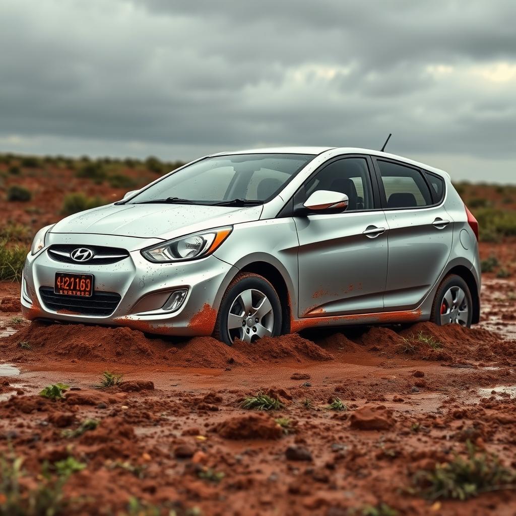 A hyper-realistic image of a silver 2011 Hyundai Accent hatchback trapped in soft, muddy grass in the heart of the Australian outback following a rainstorm