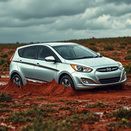 A hyper-realistic image of a silver 2011 Hyundai Accent hatchback trapped in soft, muddy grass in the heart of the Australian outback following a rainstorm