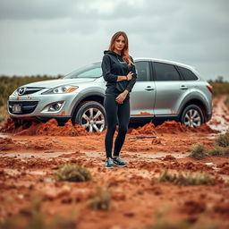 A hyper-realistic image featuring a silver 2012 Mazda CX-9 stuck in soft, muddy grass in the middle of the Australian outback after a rainstorm