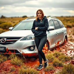 A hyper-realistic image featuring a silver 2012 Mazda CX-9 stuck in soft, muddy grass in the middle of the Australian outback after a rainstorm