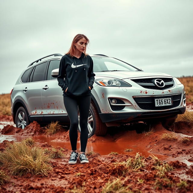 A hyper-realistic image featuring a silver 2012 Mazda CX-9 stuck in soft, muddy grass in the middle of the Australian outback after a rainstorm