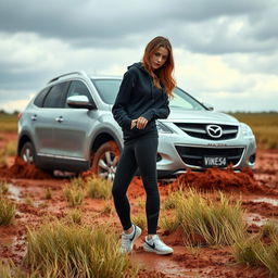 A hyper-realistic image featuring a silver 2012 Mazda CX-9 stuck in soft, muddy grass in the middle of the Australian outback after a rainstorm