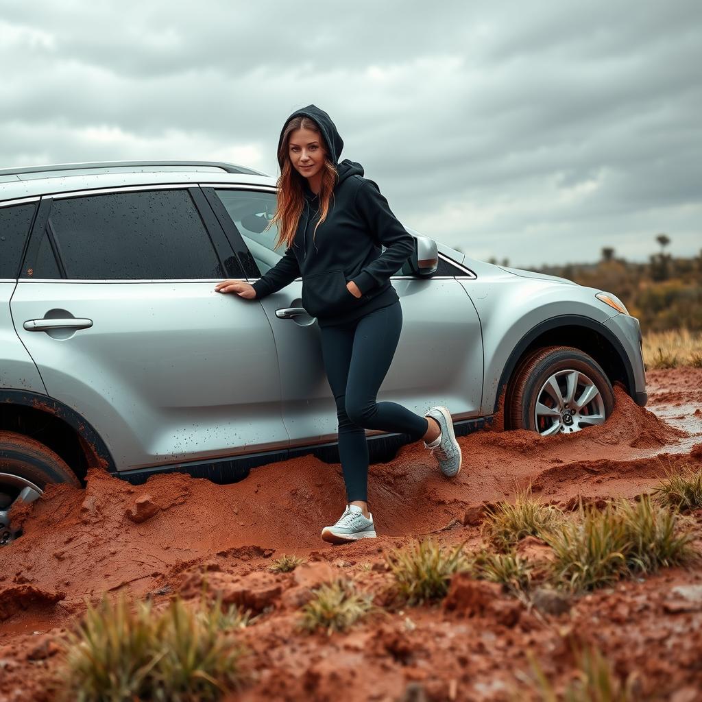 A hyper-realistic image depicting a silver 2012 Mazda CX-9 stuck in soft, muddy grass in the heart of the Australian outback after a rainstorm