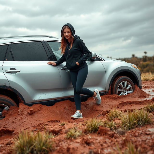 A hyper-realistic image depicting a silver 2012 Mazda CX-9 stuck in soft, muddy grass in the heart of the Australian outback after a rainstorm