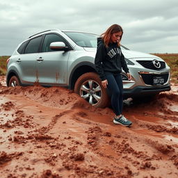 A hyper-realistic image depicting a silver 2012 Mazda CX-9 stuck in soft, muddy grass in the heart of the Australian outback after a rainstorm