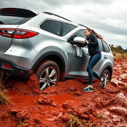 A hyper-realistic image depicting a silver 2012 Mazda CX-9 stuck in soft, muddy grass in the heart of the Australian outback after a rainstorm