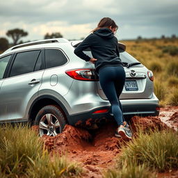 A hyper-realistic image depicting a silver 2012 Mazda CX-9 deeply stuck in soft, muddy grass within the Australian outback, following a rainstorm