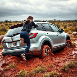 A hyper-realistic image depicting a silver 2012 Mazda CX-9 deeply stuck in soft, muddy grass within the Australian outback, following a rainstorm