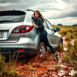 A hyper-realistic image depicting a silver 2012 Mazda CX-9 deeply stuck in soft, muddy grass within the Australian outback, following a rainstorm