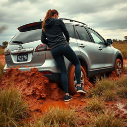 A hyper-realistic image depicting a silver 2012 Mazda CX-9 deeply stuck in soft, muddy grass within the Australian outback, following a rainstorm