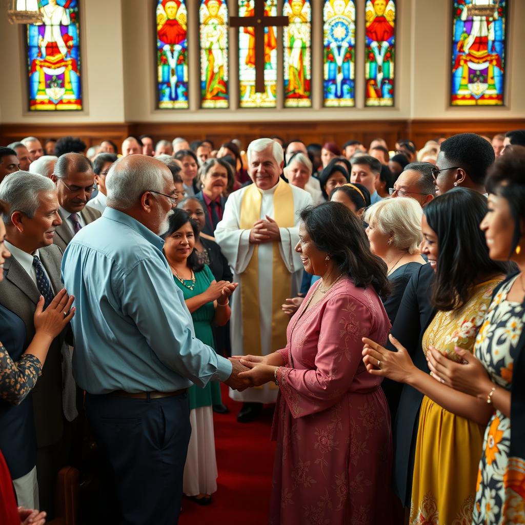 A vibrant and diverse church community gathered in prayer and worship