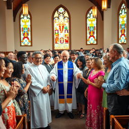 A vibrant and diverse church community gathered in prayer and worship