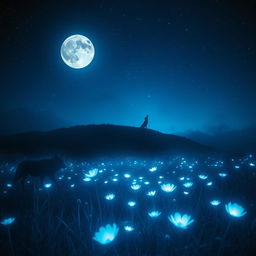 A mysterious, ethereal landscape at nighttime under a full moon, with luminescent flowers glowing in a meadow