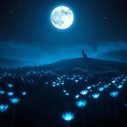 A mysterious, ethereal landscape at nighttime under a full moon, with luminescent flowers glowing in a meadow