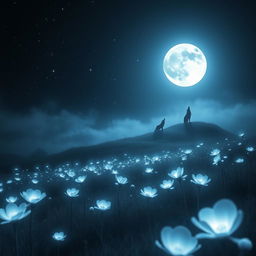 A mysterious, ethereal landscape at nighttime under a full moon, with luminescent flowers glowing in a meadow