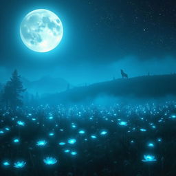 A mysterious, ethereal landscape at nighttime under a full moon, with luminescent flowers glowing in a meadow