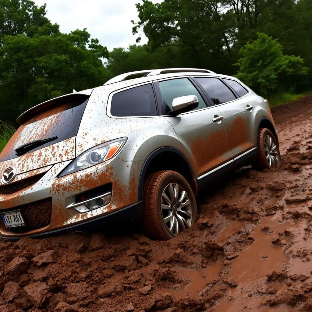 A 2009 Mazda CX-9 Luxury TB Series 3 2WD vehicle stuck in a muddy terrain