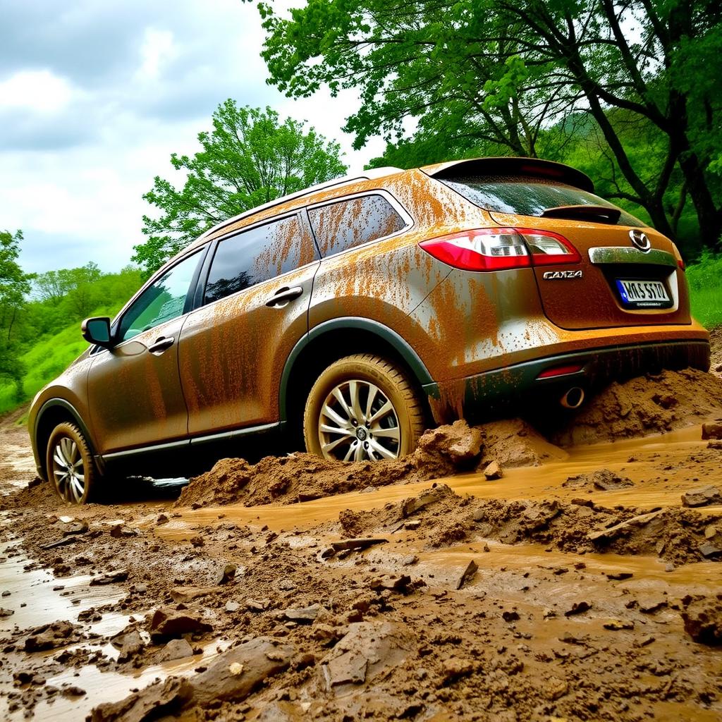 A 2009 Mazda CX-9 Luxury TB Series 3 2WD vehicle stuck in a muddy terrain