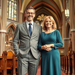 A charming scene depicting a short man and a tall woman standing together, equal and confident, in a church setting