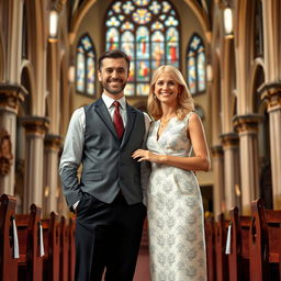 A charming scene depicting a short man and a tall woman standing together, equal and confident, in a church setting