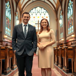 A charming scene depicting a short man and a tall woman standing together, equal and confident, in a church setting