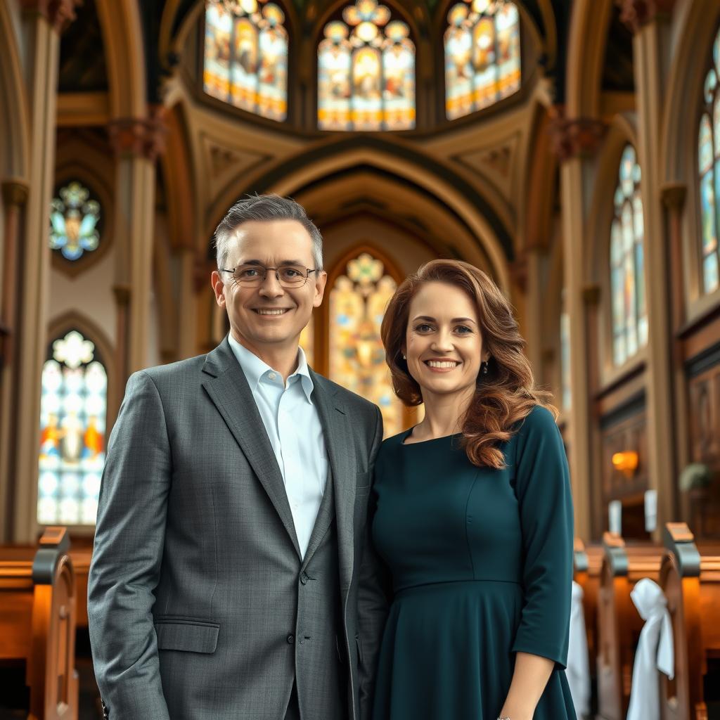 A charming scene depicting a short man and a tall woman standing together, equal and confident, in a church setting