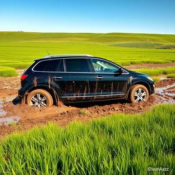 A hyper-realistic depiction of a black 2009 Mazda CX-9 Luxury TB Series 3 2WD stuck in thick mud amidst a vast grassy field