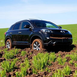 A hyper-realistic depiction of a black 2009 Mazda CX-9 Luxury TB Series 3 2WD stuck in thick mud amidst a vast grassy field