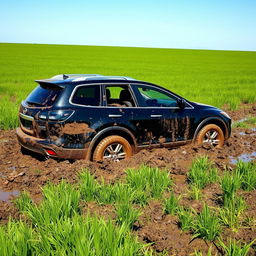 A hyper-realistic depiction of a black 2009 Mazda CX-9 Luxury TB Series 3 2WD stuck in thick mud amidst a vast grassy field