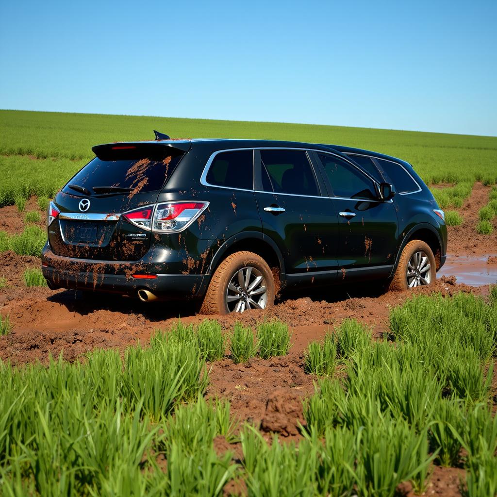 A hyper-realistic depiction of a black 2009 Mazda CX-9 Luxury TB Series 3 2WD stuck in thick mud amidst a vast grassy field