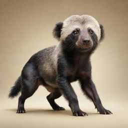 An unusual hybrid creature that is half dog (perro) and half Honey Badger. The image captures the fusion seamlessly, with one side showcasing the playfulness of a dog, while the other side reflecting the resilient character of a Honey Badger.