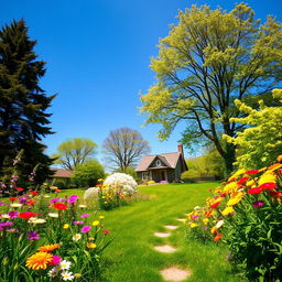 A serene landscape with a quaint cottage nestled among vibrant spring flowers and lush green trees, under a clear blue sky