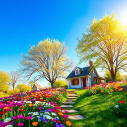 A serene landscape with a quaint cottage nestled among vibrant spring flowers and lush green trees, under a clear blue sky