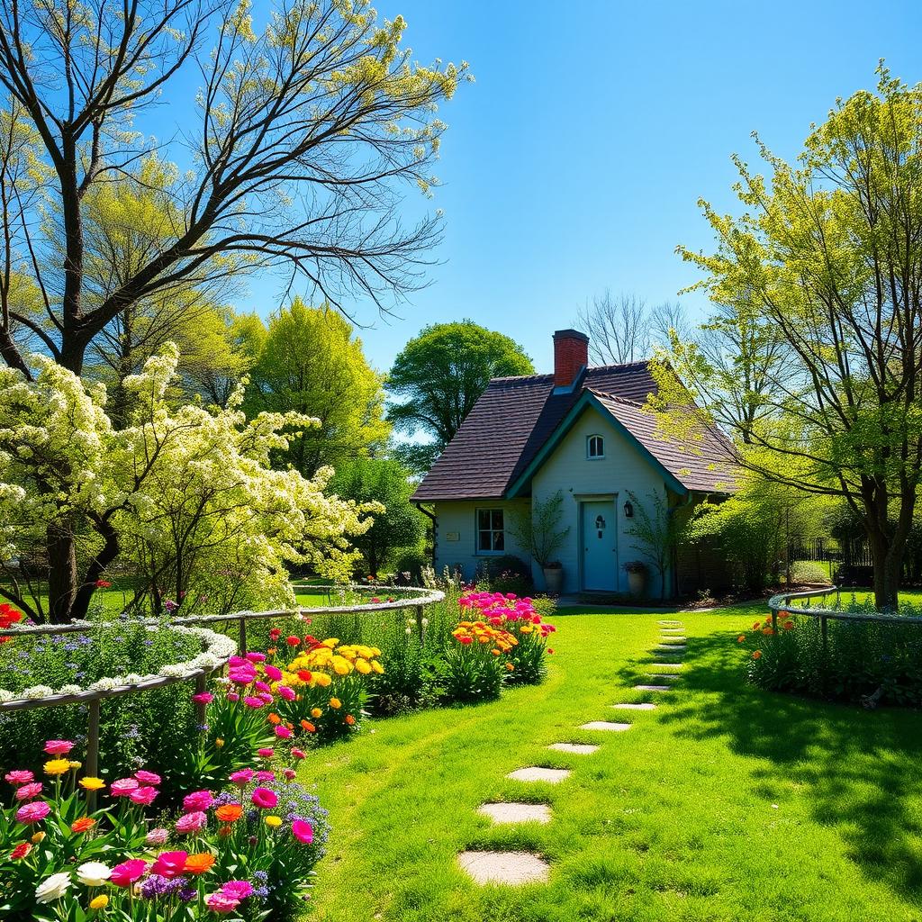 A serene landscape with a quaint cottage nestled among vibrant spring flowers and lush green trees, under a clear blue sky