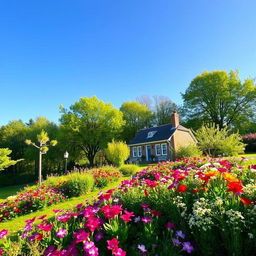 A serene landscape with a quaint cottage nestled among vibrant spring flowers and lush green trees, under a clear blue sky