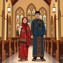 An illustration depicting a Javanese short man and a Papuan tall woman standing together in equality