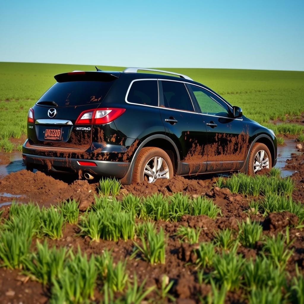 A hyper-realistic depiction of a black 2009 Mazda CX-9 Luxury TB Series 3 2WD stuck in thick mud amidst a vast grassy field