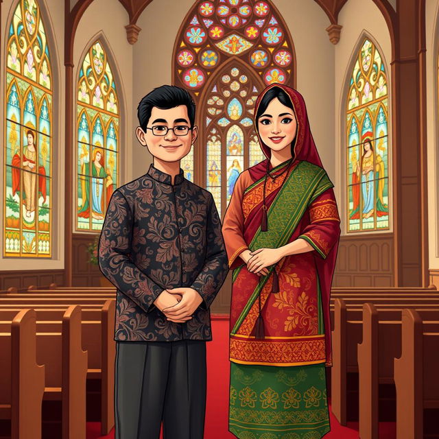 An illustration depicting a Javanese short man and a Papuan tall woman standing together in equality