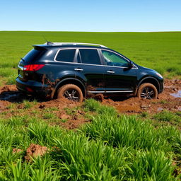 A hyper-realistic depiction of a black 2009 Mazda CX-9 Luxury TB Series 3 2WD stuck in thick mud amidst a vast grassy field