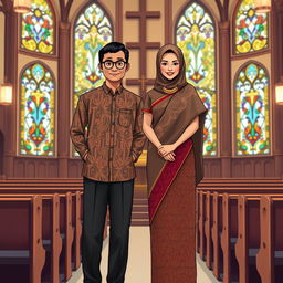 An illustration depicting a Javanese short man and a Papuan tall woman standing together in equality