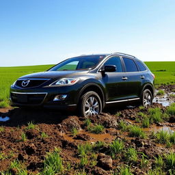 A hyper-realistic depiction of a black 2009 Mazda CX-9 Luxury TB Series 3 2WD stuck in thick mud amidst a vast grassy field