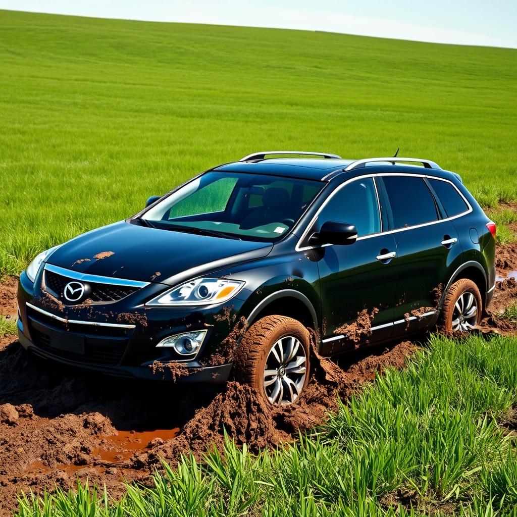 A hyper-realistic depiction of a black 2009 Mazda CX-9 Luxury TB Series 3 2WD stuck in thick mud amidst a vast grassy field