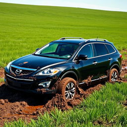 A hyper-realistic depiction of a black 2009 Mazda CX-9 Luxury TB Series 3 2WD stuck in thick mud amidst a vast grassy field