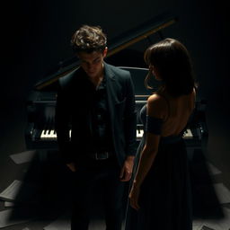 Sebastián, a passionate young musician, stands in front of a grand piano with scattered sheet music around him