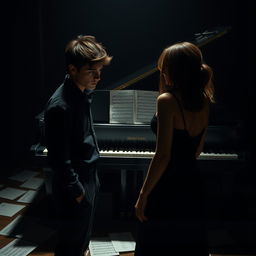 Sebastián, a passionate young musician, stands in front of a grand piano with scattered sheet music around him