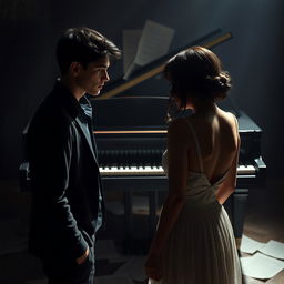 Sebastián, a passionate young musician, stands in front of a grand piano with scattered sheet music around him