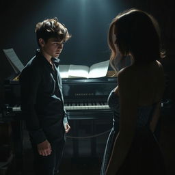 Sebastián, a passionate young musician, stands in front of a grand piano with scattered sheet music around him