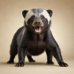 An unusual hybrid creature that is half dog (perro) and half Honey Badger. The image captures the fusion seamlessly, with one side showcasing the playfulness of a dog, while the other side reflecting the resilient character of a Honey Badger.