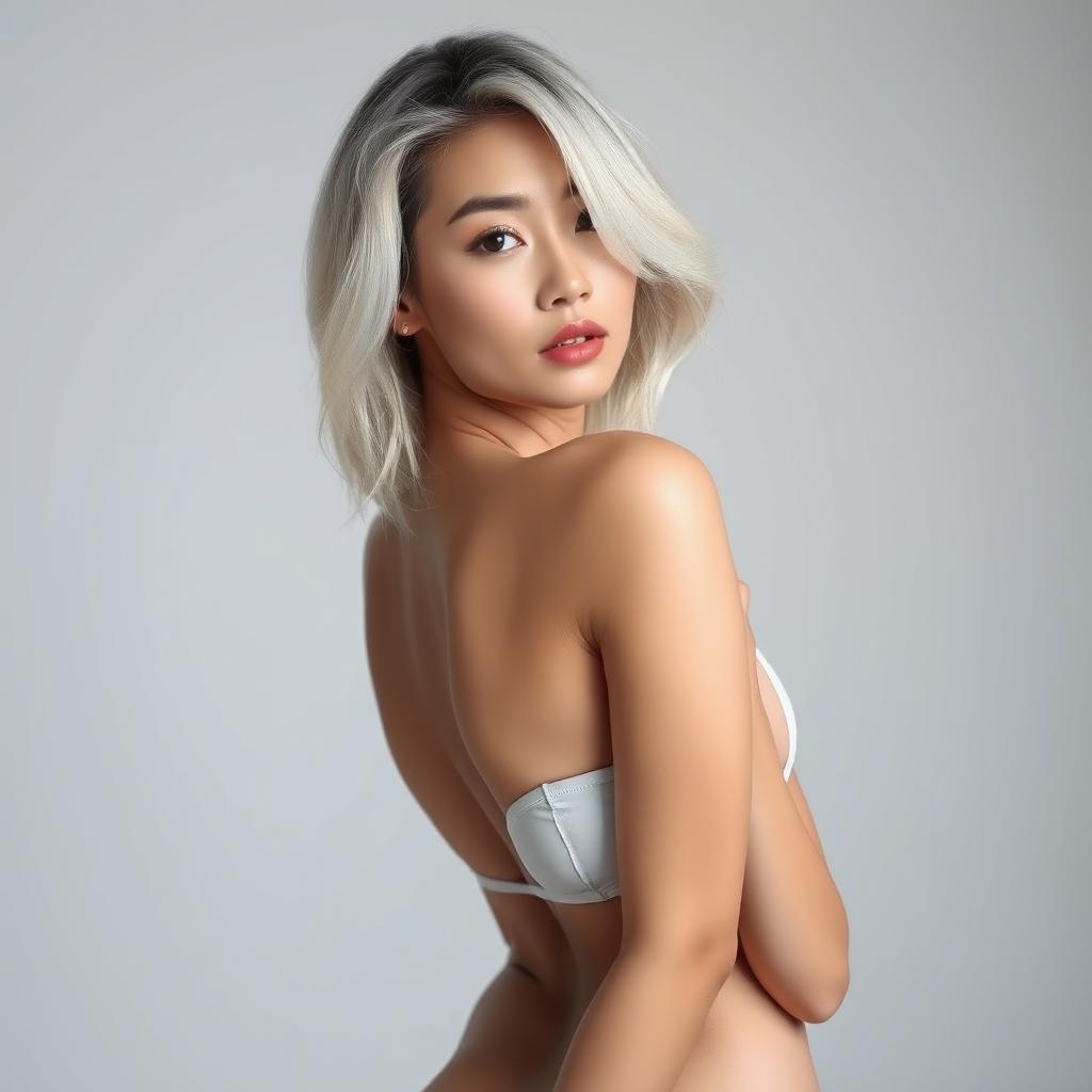Asian woman with striking platinum blonde hair, small breasts, wearing a tiny G-string, posed gracefully against a minimalist background to emphasize elegance and beauty