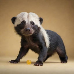 An unusual hybrid creature that is half dog (perro) and half Honey Badger. The image captures the fusion seamlessly, with one side showcasing the playfulness of a dog, while the other side reflecting the resilient character of a Honey Badger.